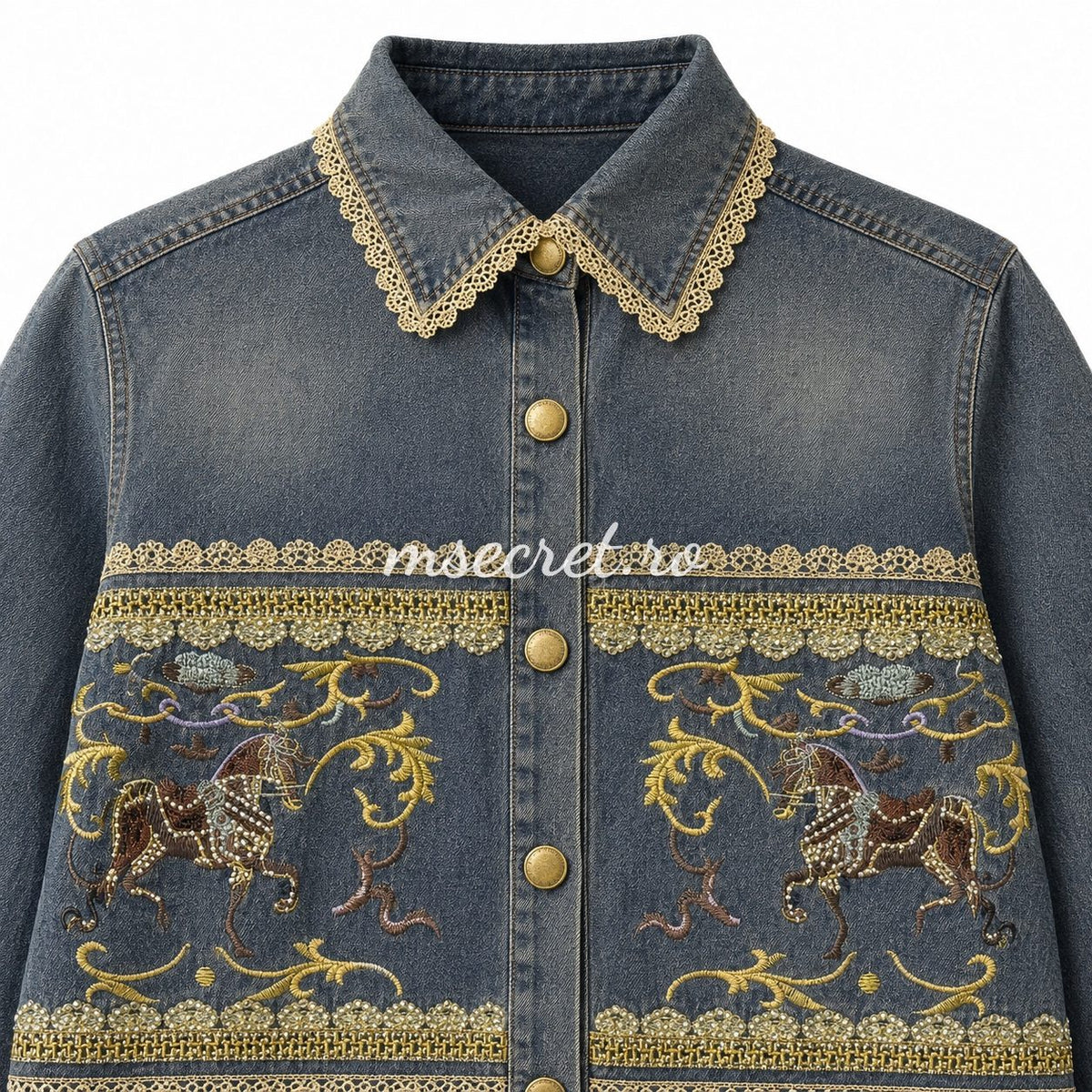 Jacheta din denim cu broderie aurie si nasturi