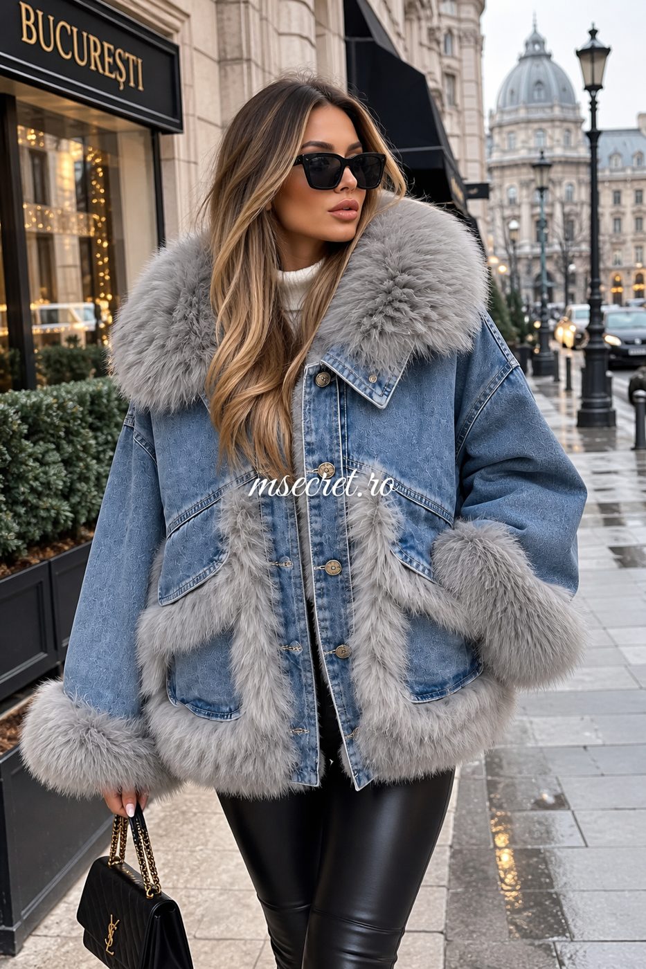 Jacheta din denim captusita cu blana naturala de vulpe - pe model