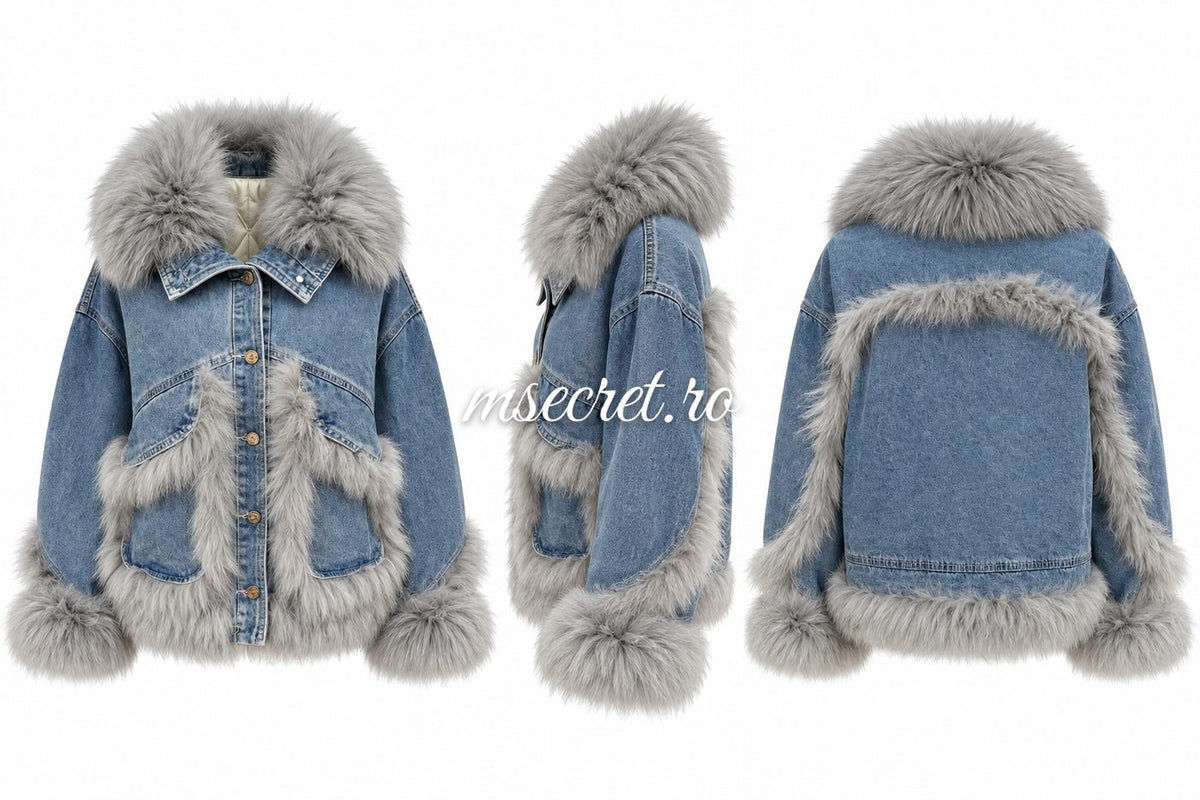 Jacheta din denim captusita cu blana naturala de vulpe - colaj