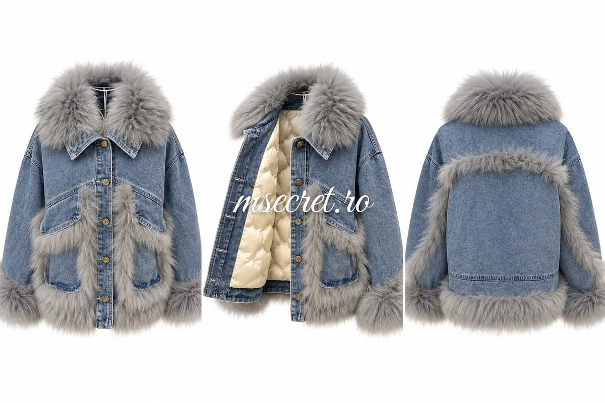 Jacheta din denim captusita cu blana naturala de vulpe - colaj