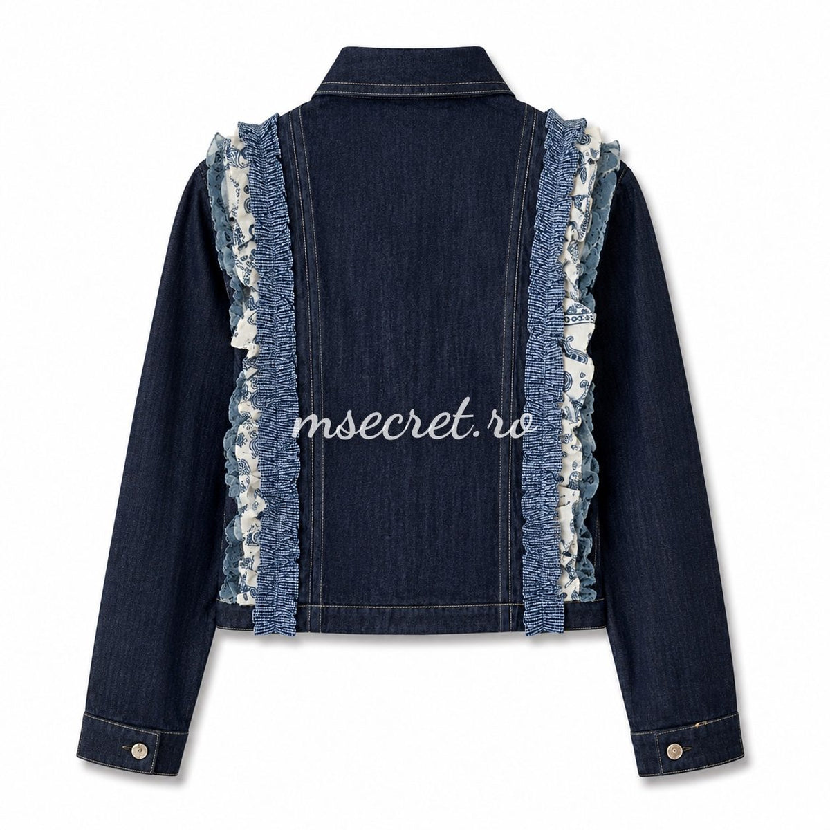 Jacheta din denim bleumarin cu volanase si funde aurii