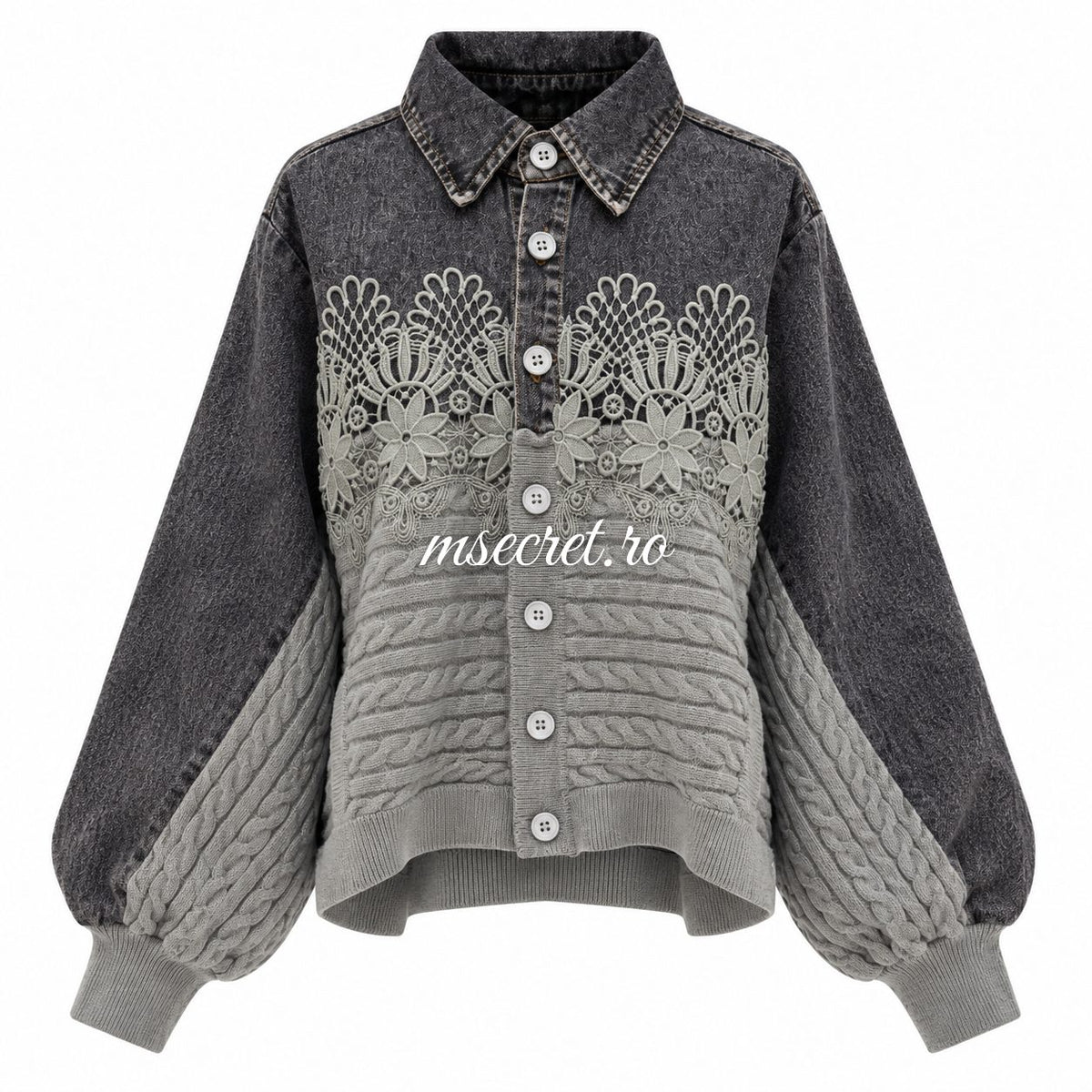 Jacheta din denim gri cu dantela si tricot gri - vedere din fata