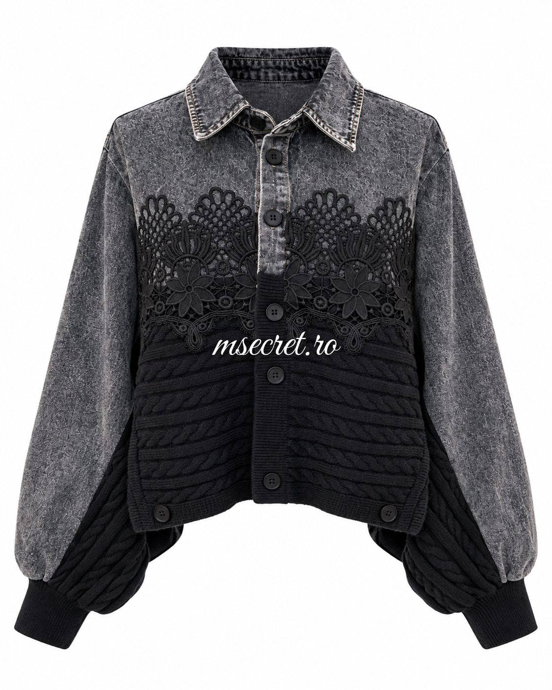Jacheta cu doua fete din denim gri, dantela si tricot negru - vedere din fata