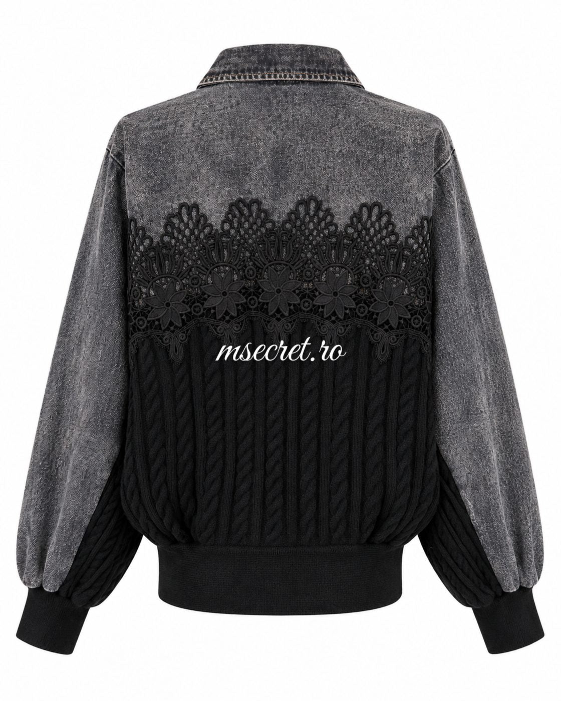 Jacheta cu doua fete din denim gri, dantela si tricot negru - vedere din spate