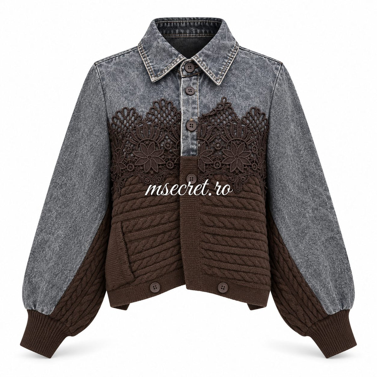 Jacheta cu doua fete din denim gri, dantela si tricot maro - vedere din fata