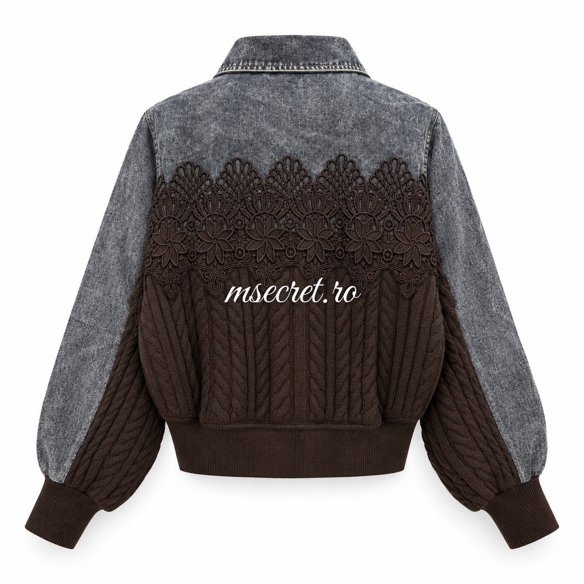 Jacheta cu doua fete din denim gri, dantela si tricot maro - vedere din spate
