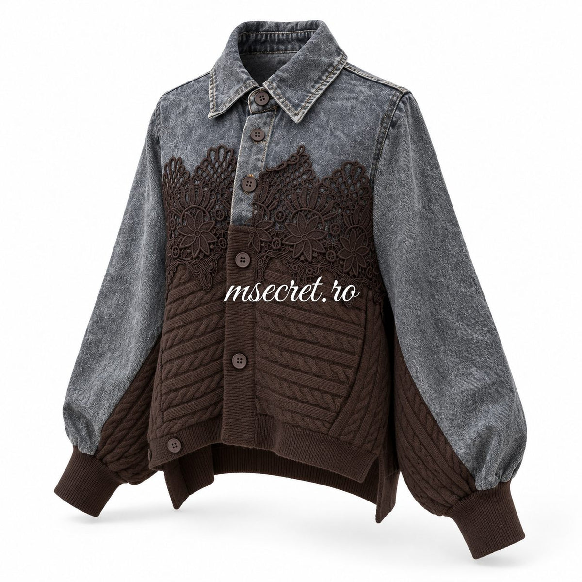 Jacheta cu doua fete din denim gri, dantela si tricot maro - vedere din lateral