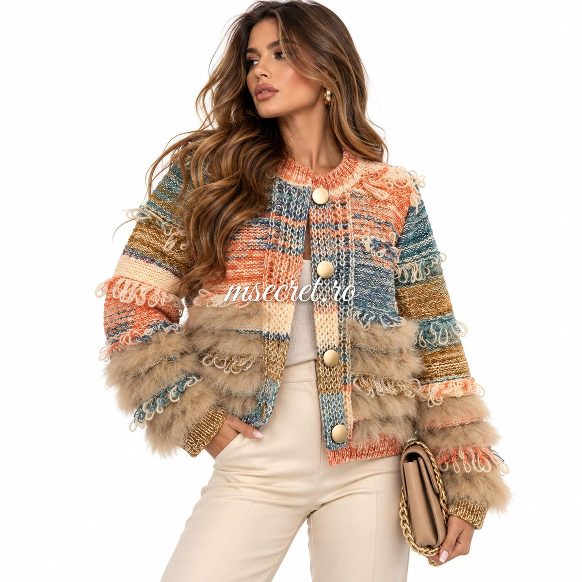 Jacheta multicolora din lana cu blana naturala - pe model