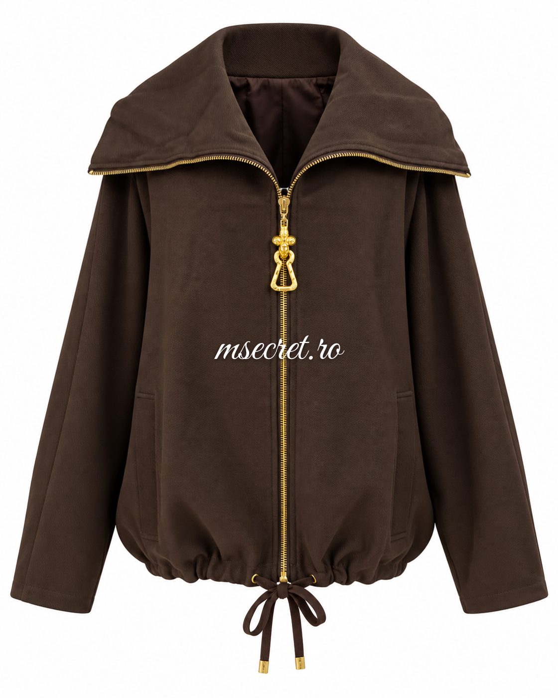 Jacheta maro oversized cu guler mare si fermoar auriu - vedere din fata
