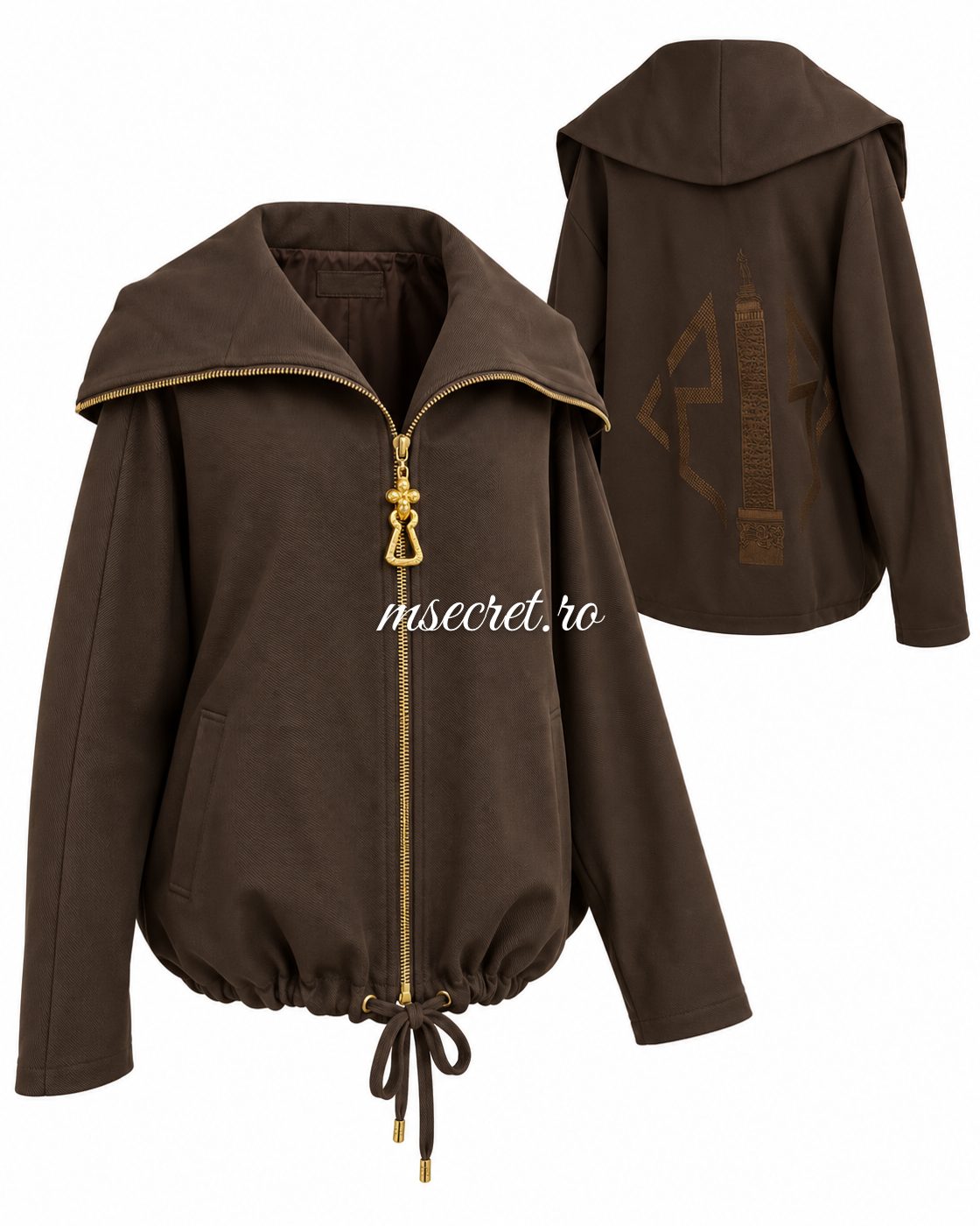 Jacheta maro oversized cu guler mare si fermoar auriu - colaj