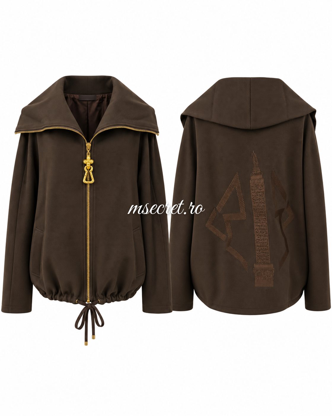 Jacheta maro oversized cu guler mare si fermoar auriu - colaj
