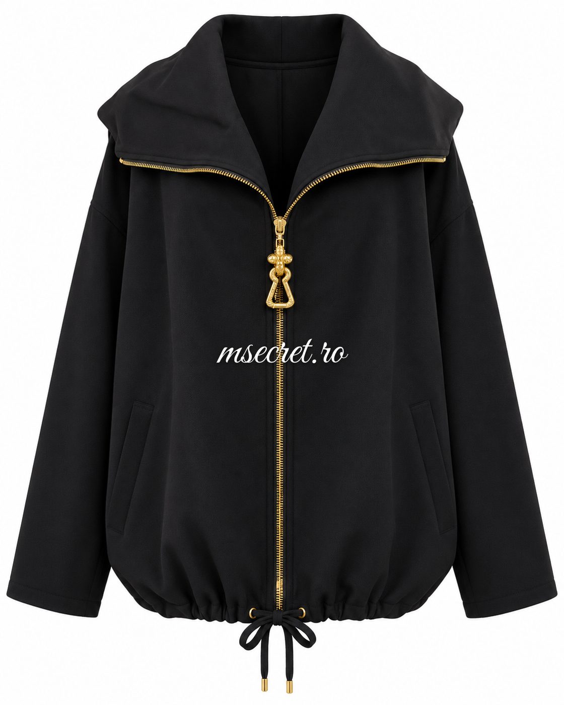 Jacheta neagra oversized cu guler mare si fermoar auriu - vedere din fata