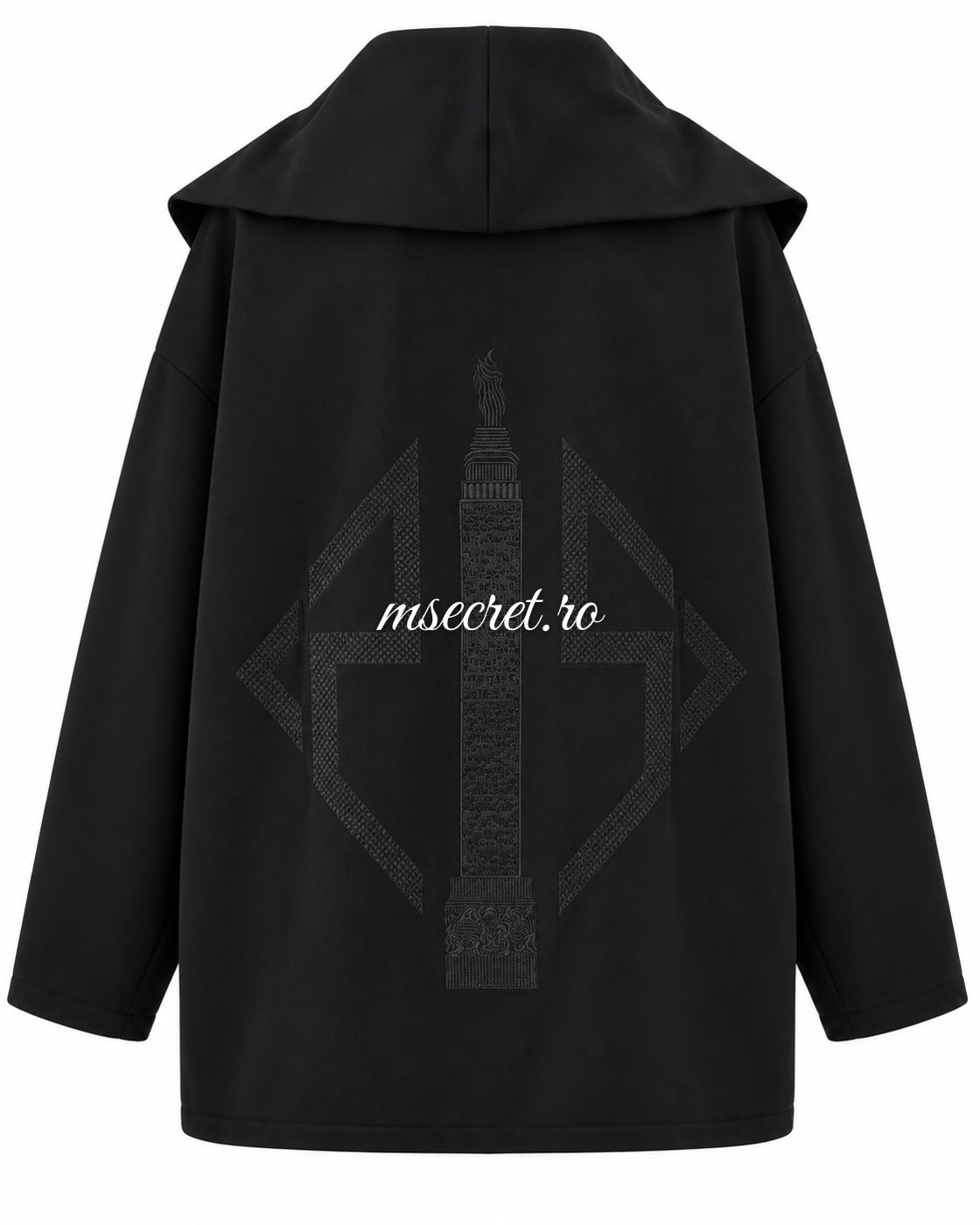 Jacheta neagra oversized cu guler mare si fermoar auriu - vedere din spate