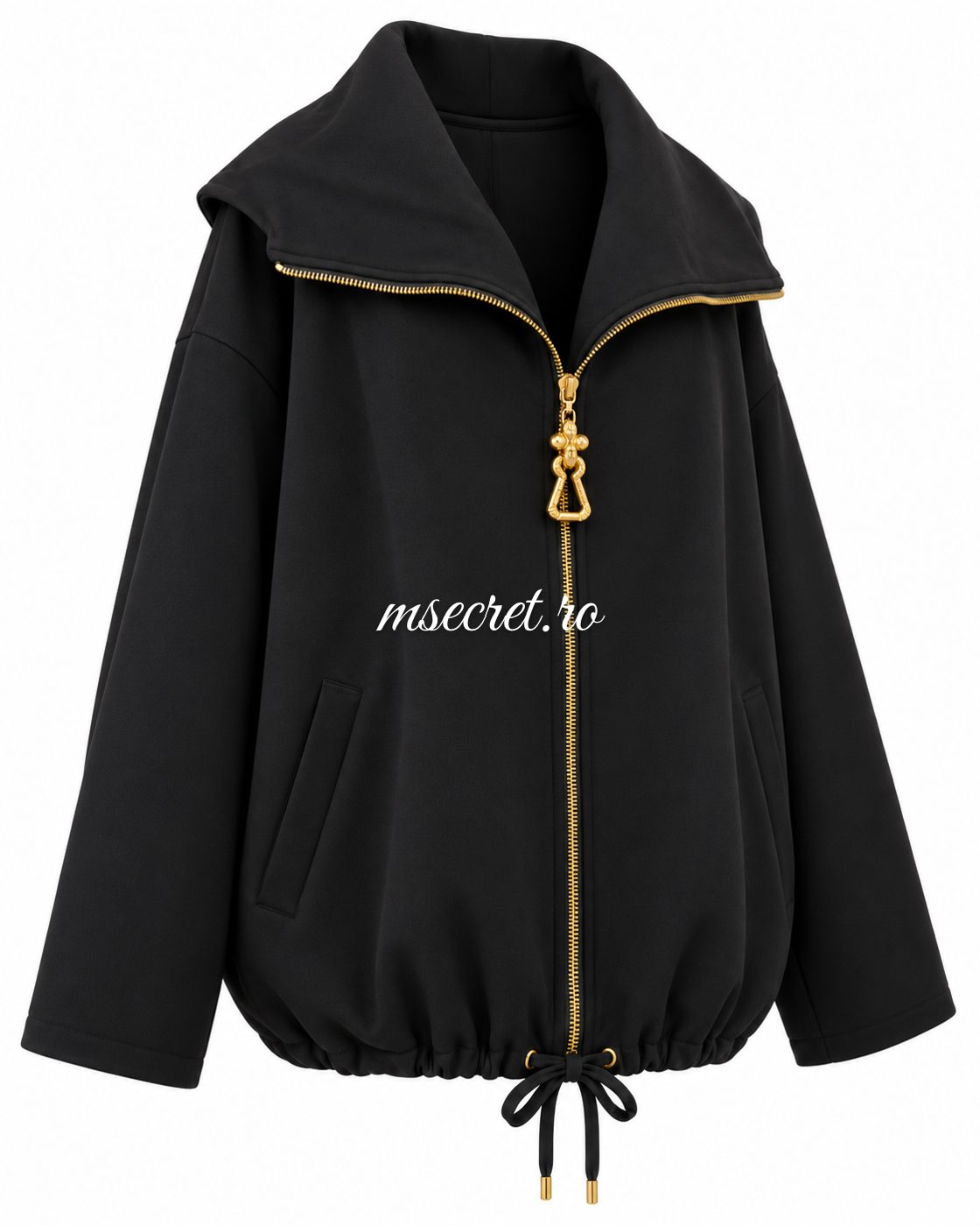 Jacheta neagra oversized cu guler mare si fermoar auriu - vedere din lateral