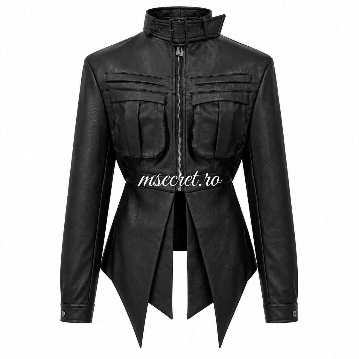 Jacheta neagra din piele cu baza asimetrica