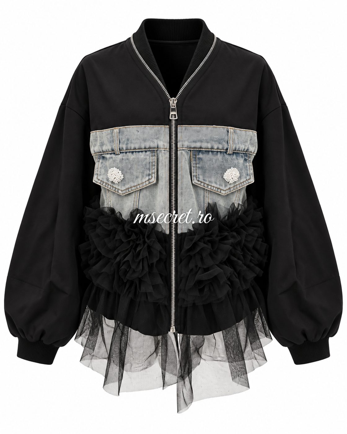 Jacheta neagra din tricot cu denim si tul - vedere din fata
