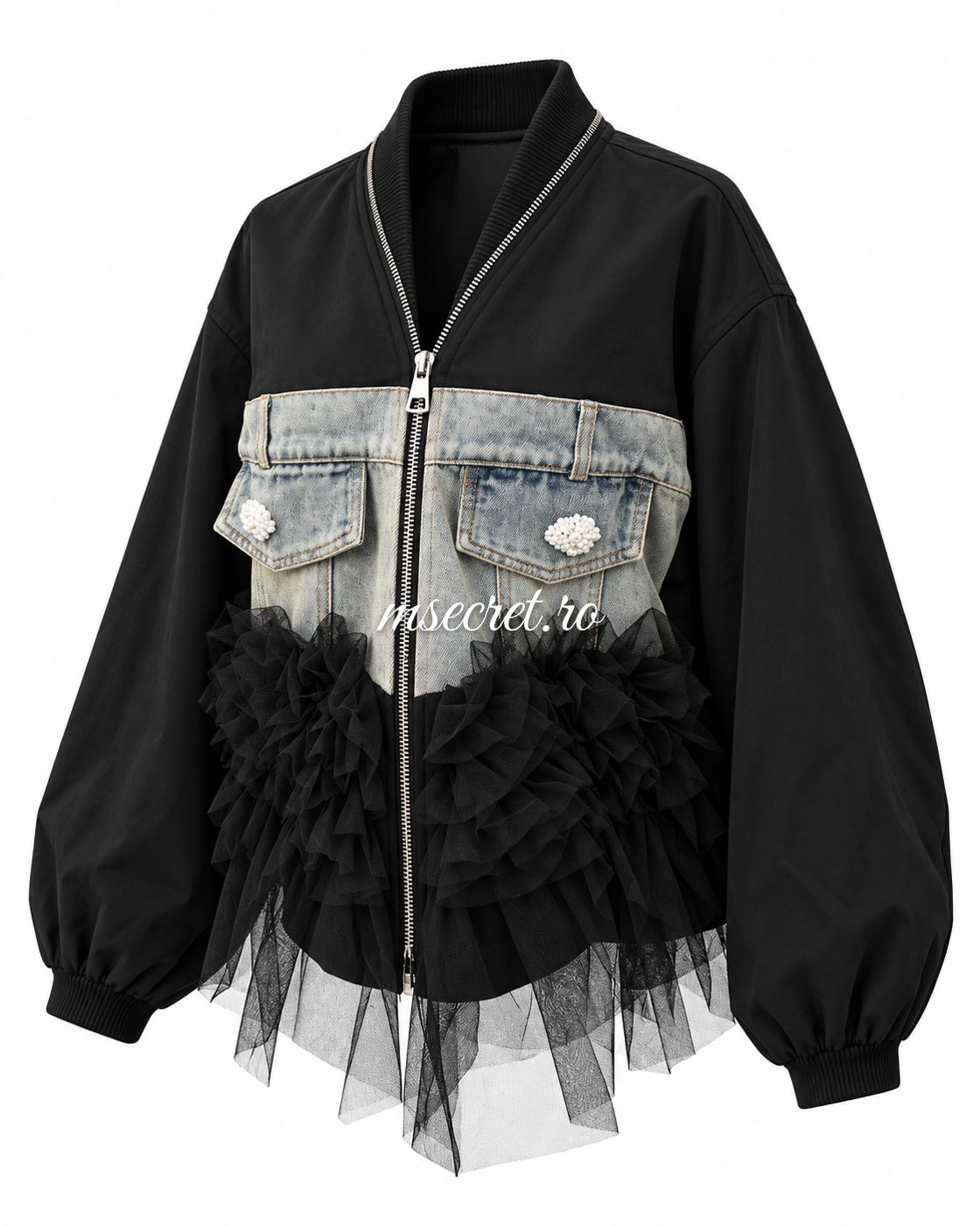 Jacheta neagra din tricot cu denim si tul - vedere din lateral