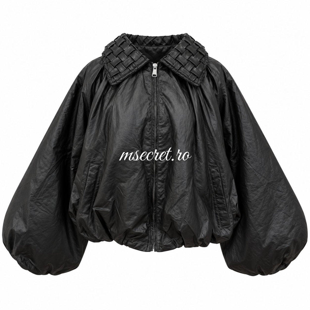Jacheta neagra din piele cu maneci bufante si guler impletit