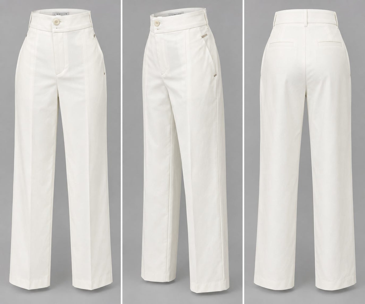 Pantaloni albi largi din bumbac cu nasturi decorativi