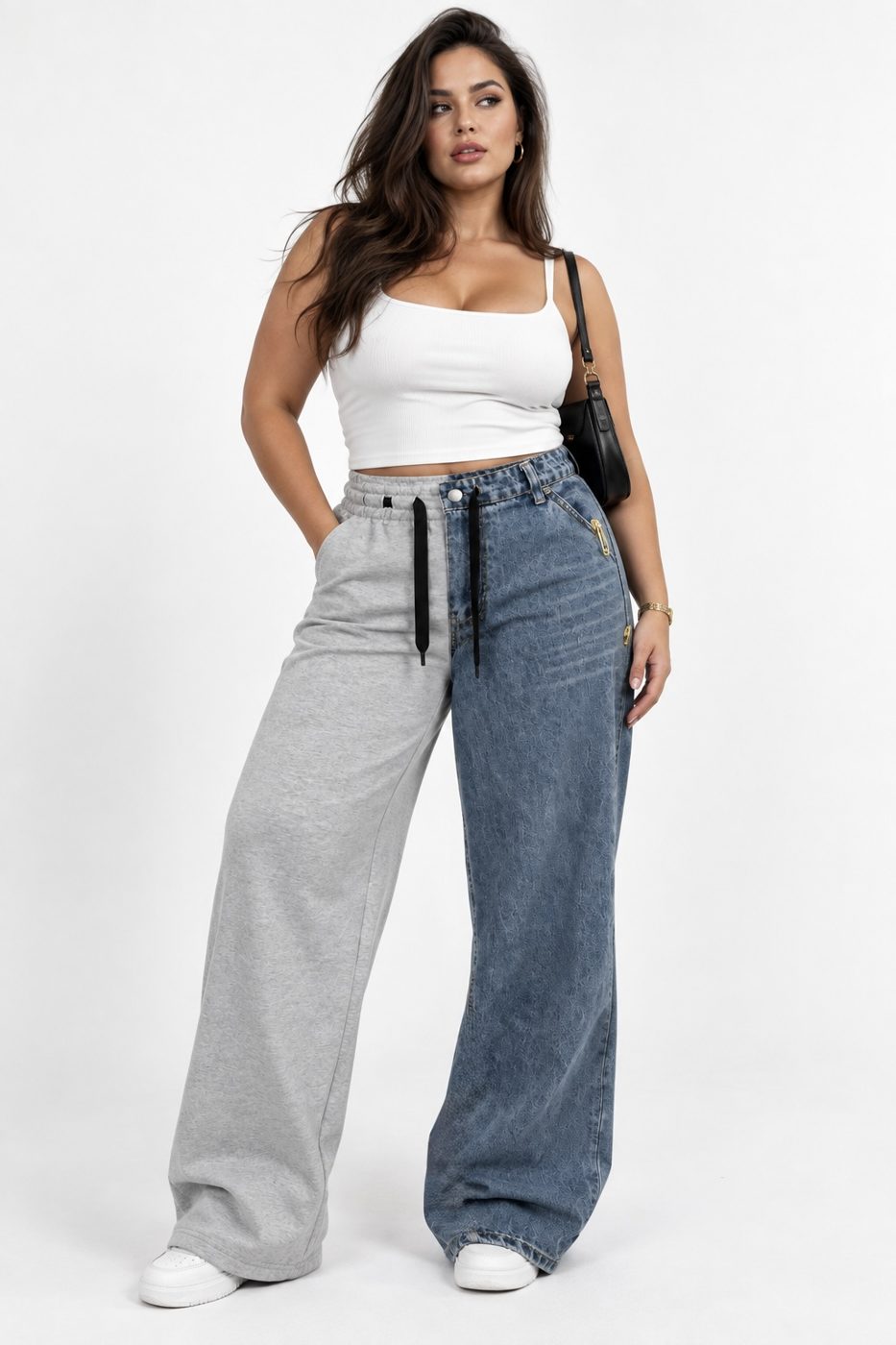 Pantaloni wide leg bicolori din denim cu talie elastica