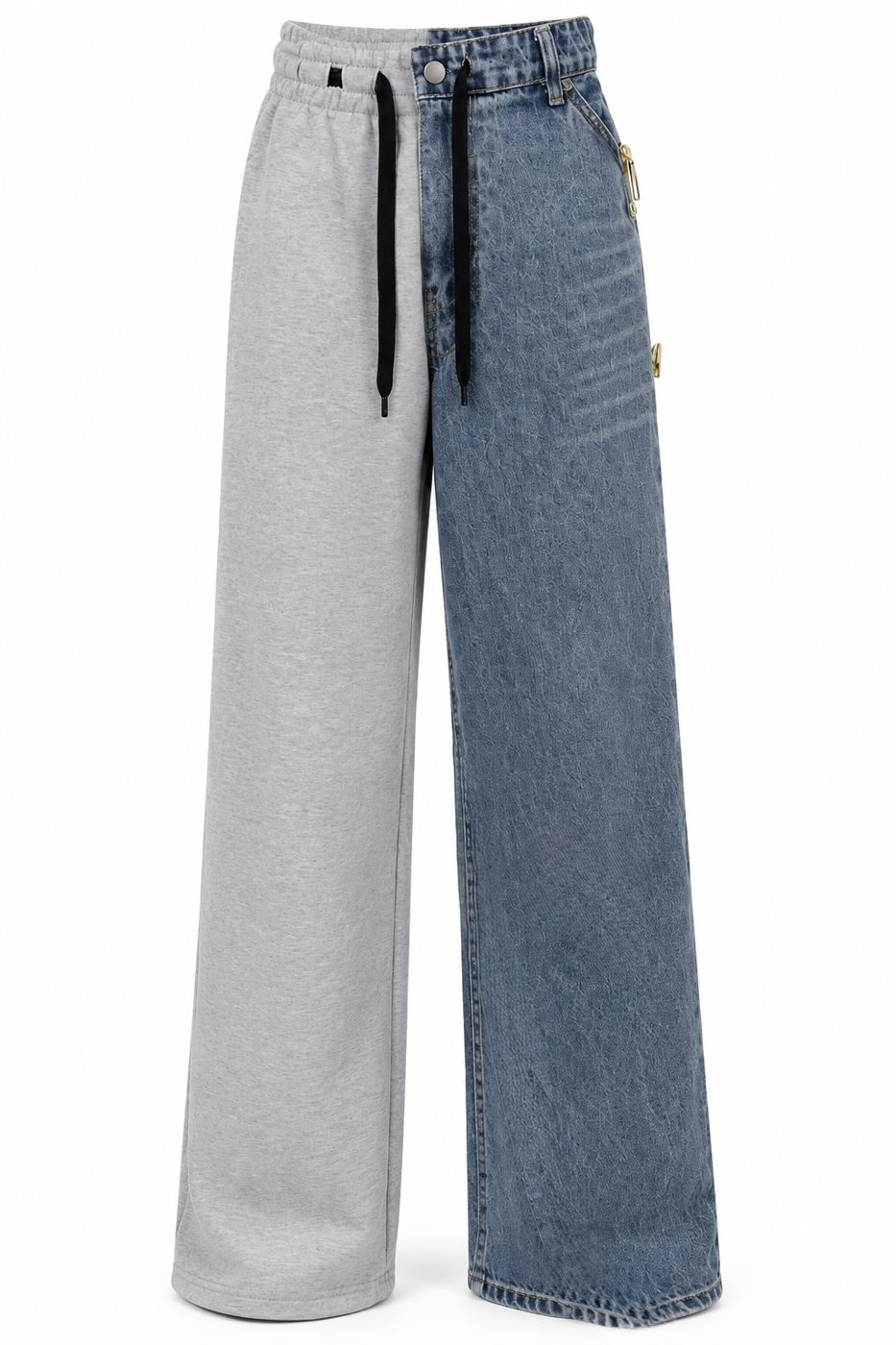 Pantaloni wide leg bicolori din denim cu talie elastica
