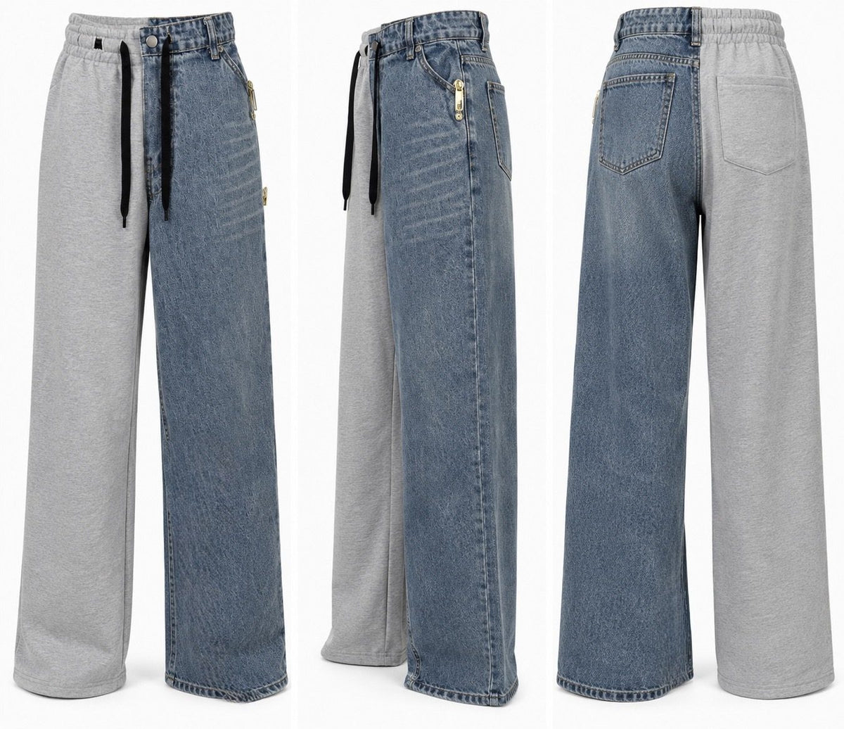 Pantaloni wide leg bicolori din denim cu talie elastica