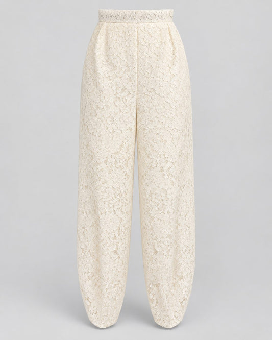 Pantaloni crem din dantela cu talie inalta