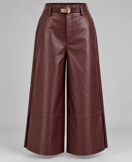 Pantaloni culottes din piele visinie cu curea - vedere din fata