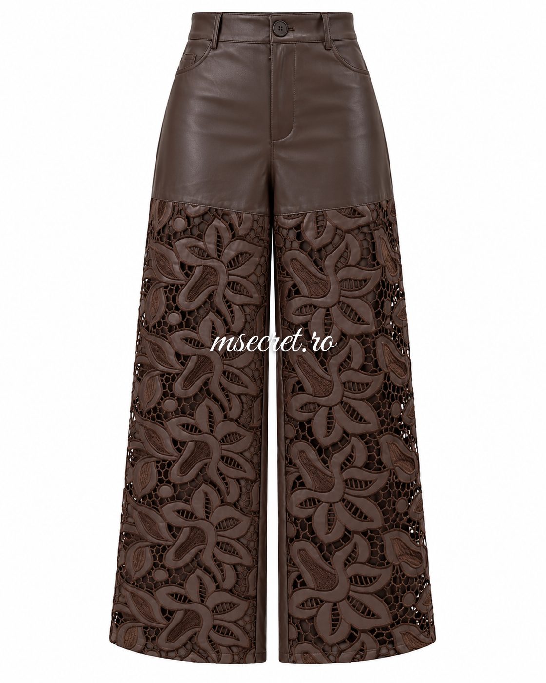 Pantaloni maro din piele cu broderie - vedere din fata