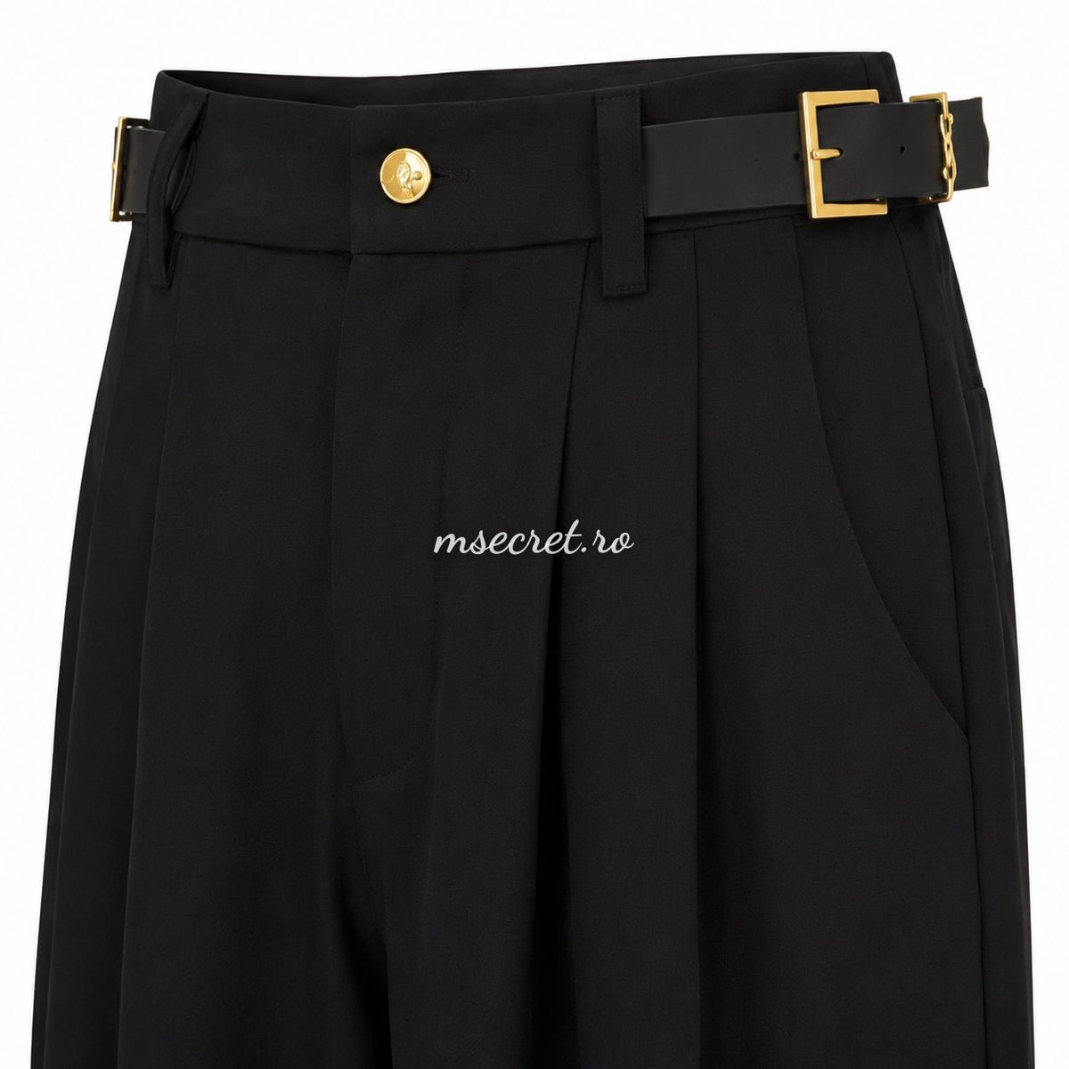 Pantaloni negri largi cu curea si detalii aurii