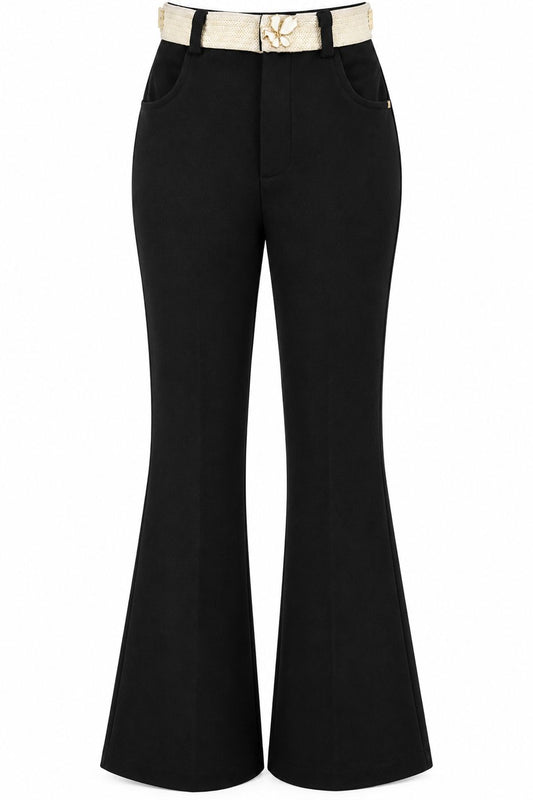 Pantaloni negri evazati cu talie inalta si curea