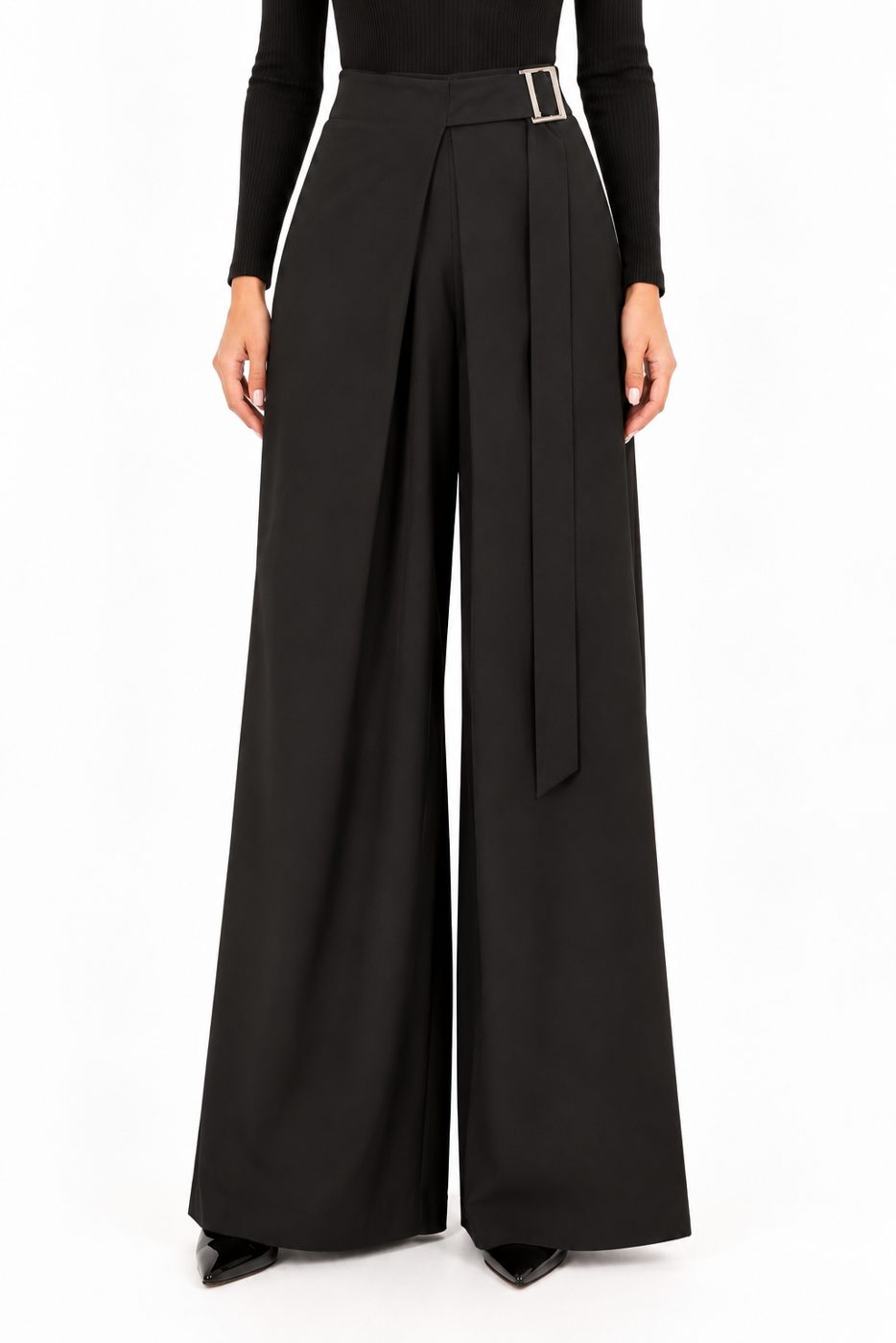 Pantaloni negri wide leg cu cordon in talie