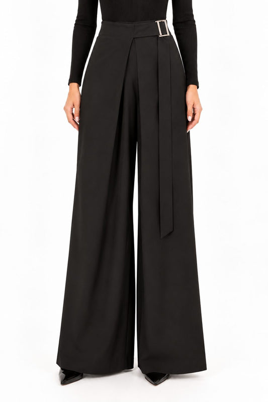 Pantaloni negri wide leg cu cordon in talie