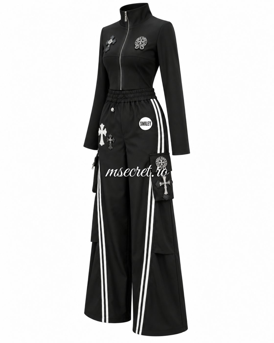 Pantaloni negri lungi cu cruci si dungi laterale - vedere din lateral