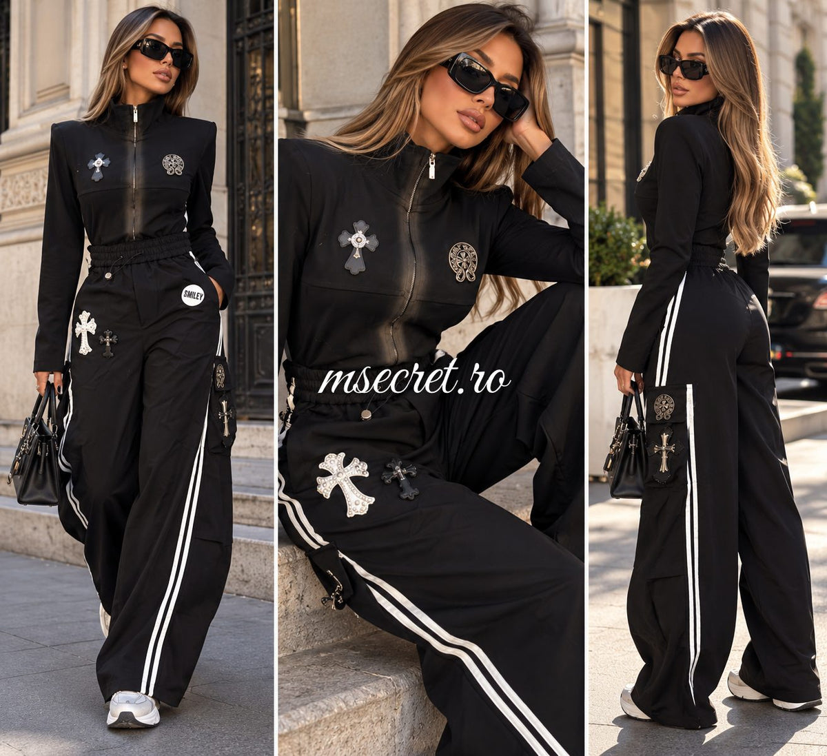 Pantaloni negri lungi cu cruci si dungi laterale - colaj