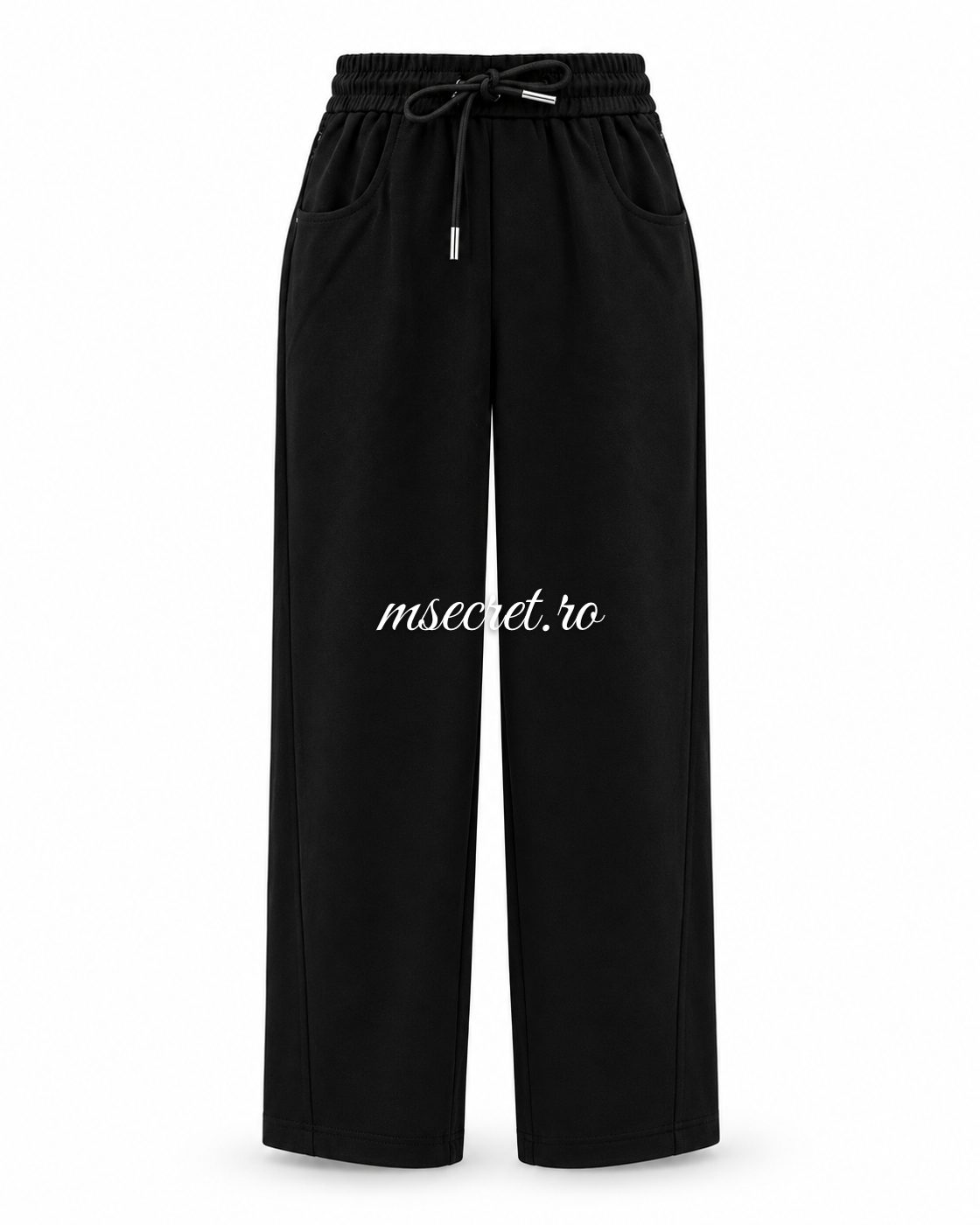 Pantaloni negri cu talie elastica si buzunare - vedere din fata
