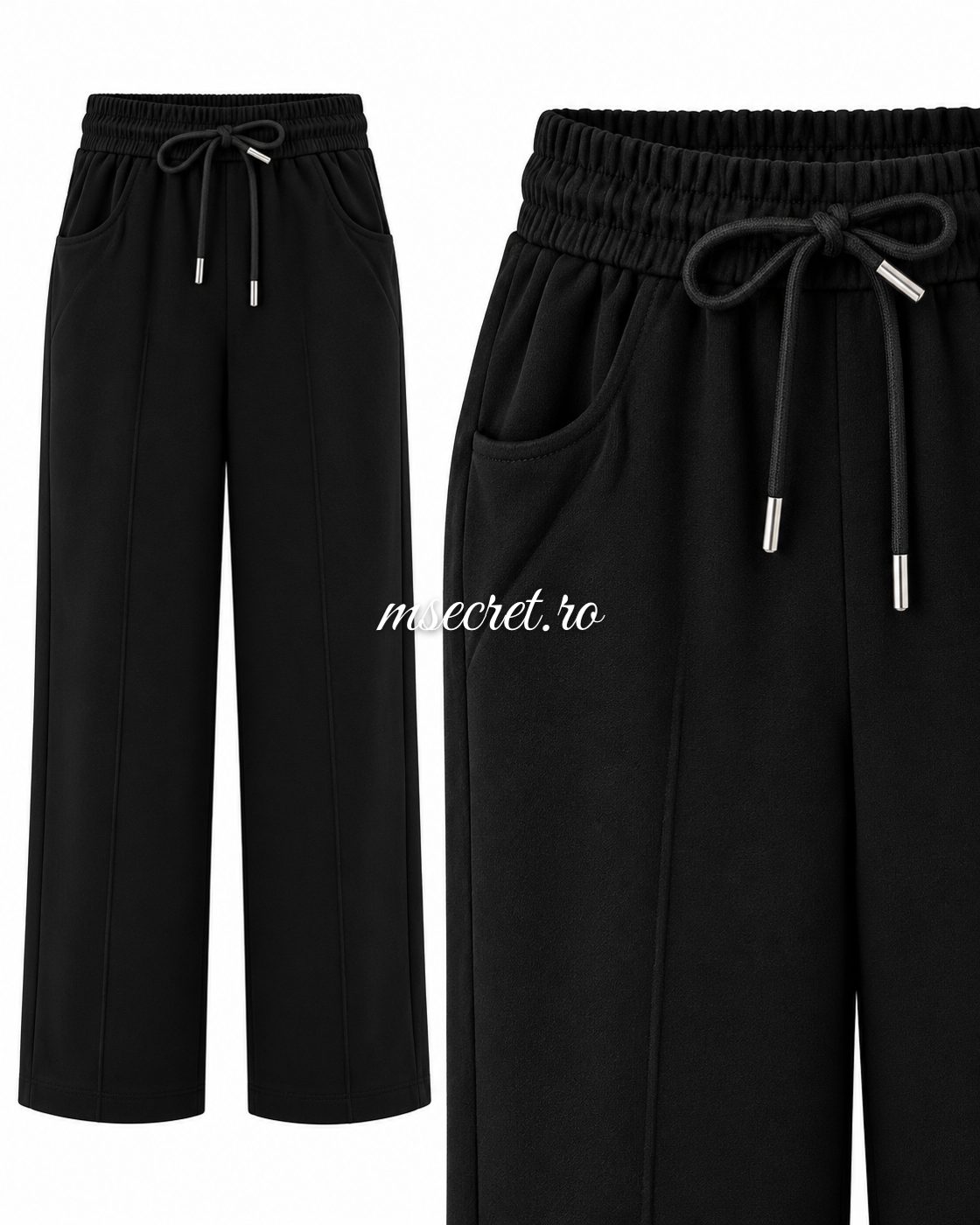 Pantaloni negri cu talie elastica si buzunare - detaliu