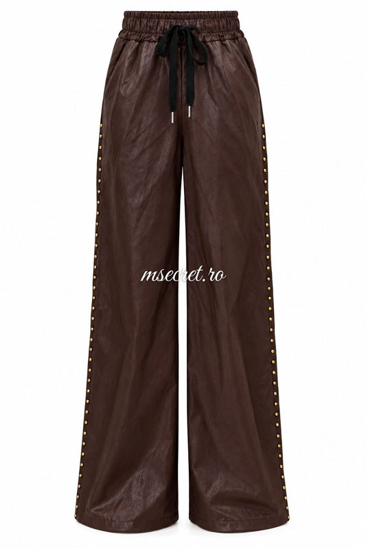 Pantaloni din piele bordo cu tinte aurii si talie elastica