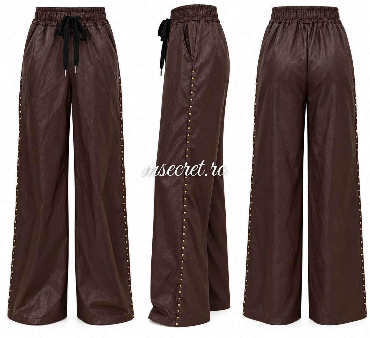 Pantaloni din piele bordo cu tinte aurii si talie elastica