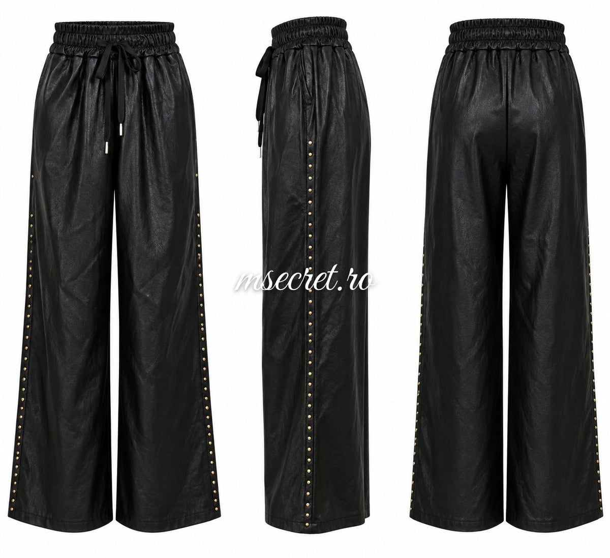Pantaloni negri din piele cu tinte si talie elastica