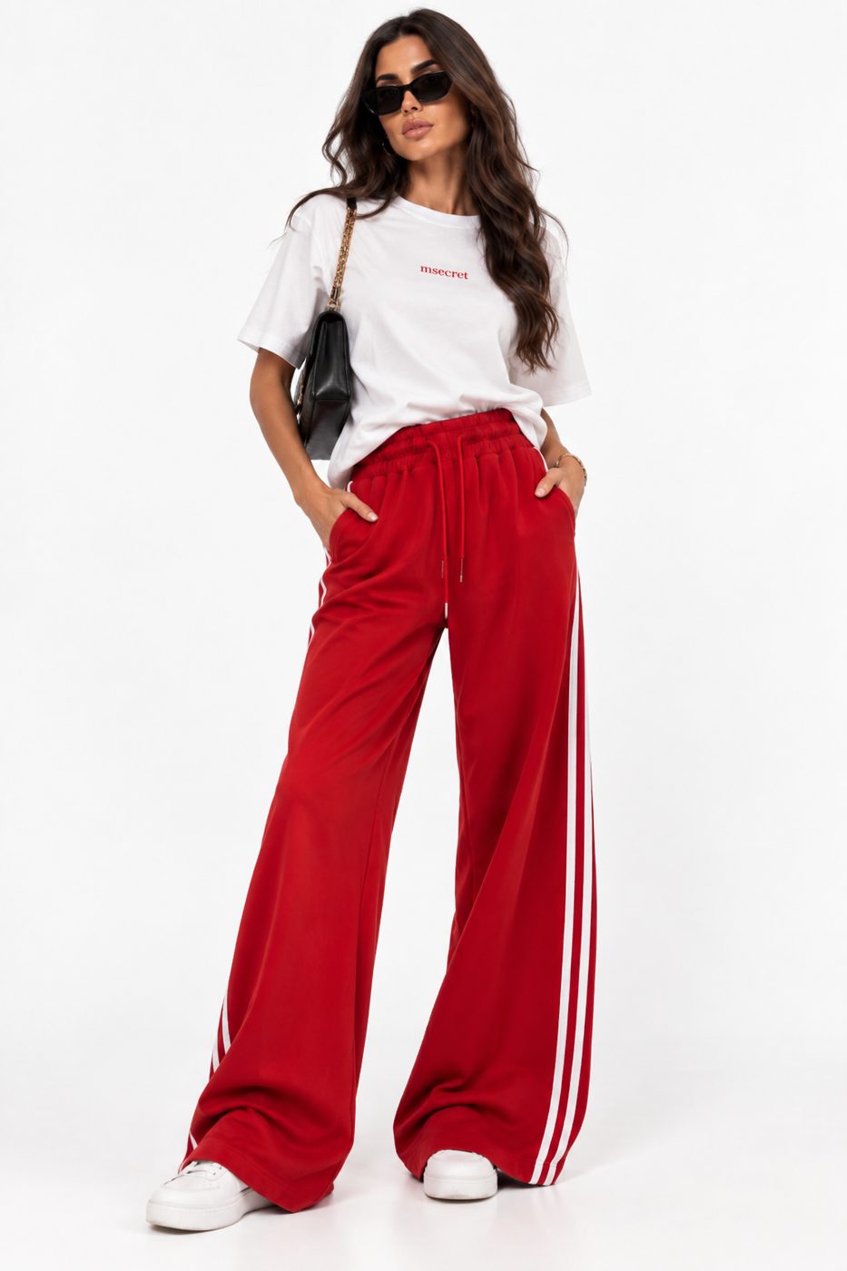 Pantaloni rosii largi din bumbac cu dungi laterale