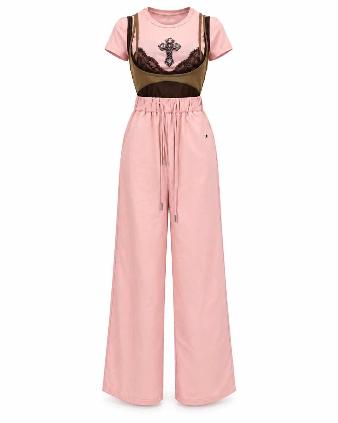 Pantaloni roz largi cu talie elastica si snur