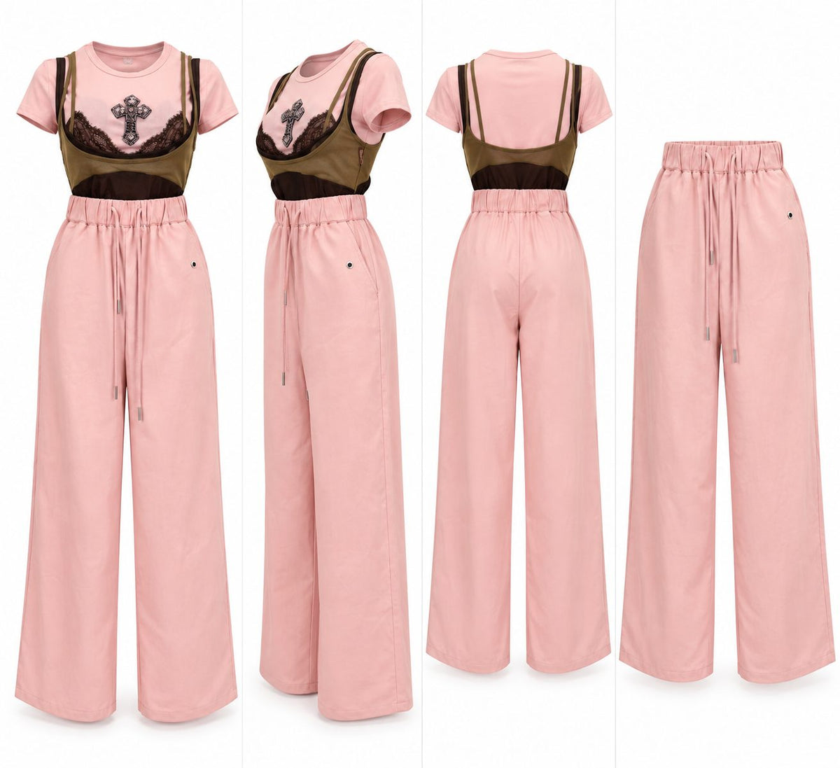 Pantaloni roz largi cu talie elastica si snur