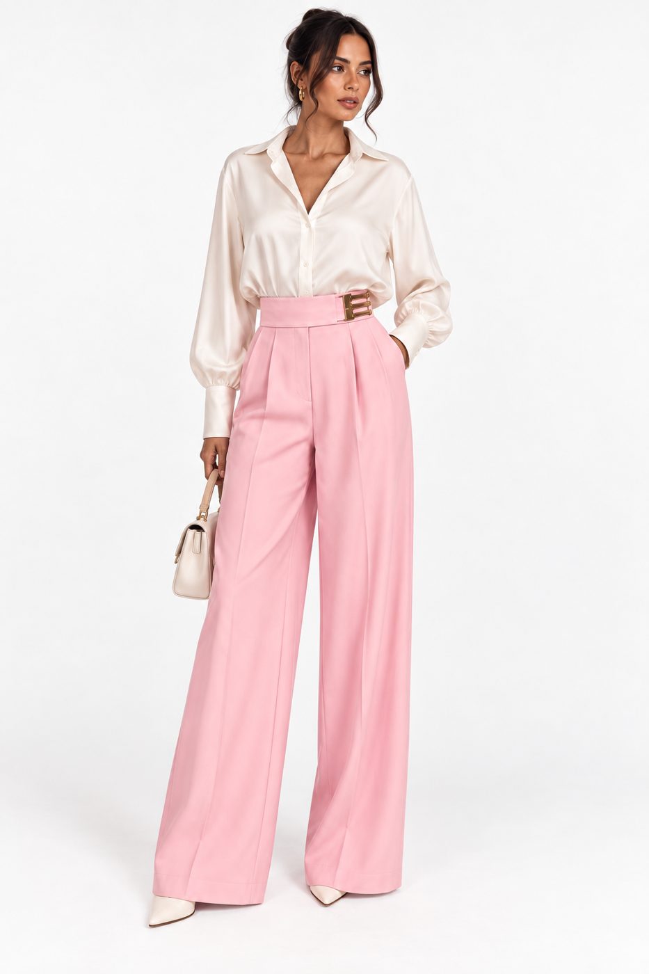 Pantaloni roz largi cu talie inalta