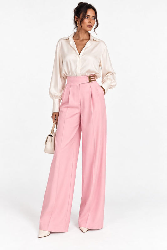 Pantaloni roz largi cu talie inalta