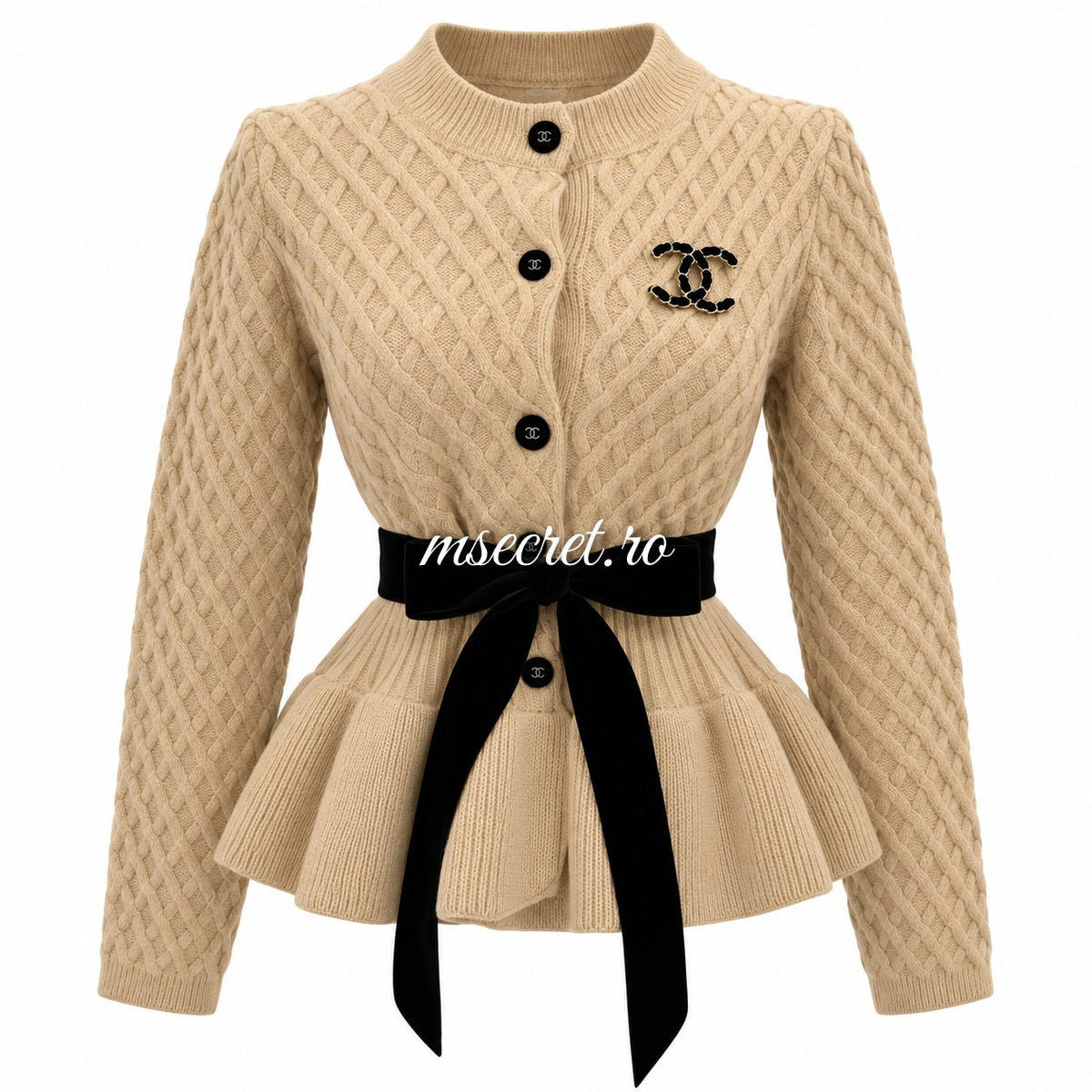 Pulover bej din tricot cu peplum si cordon negru - vedere din fata