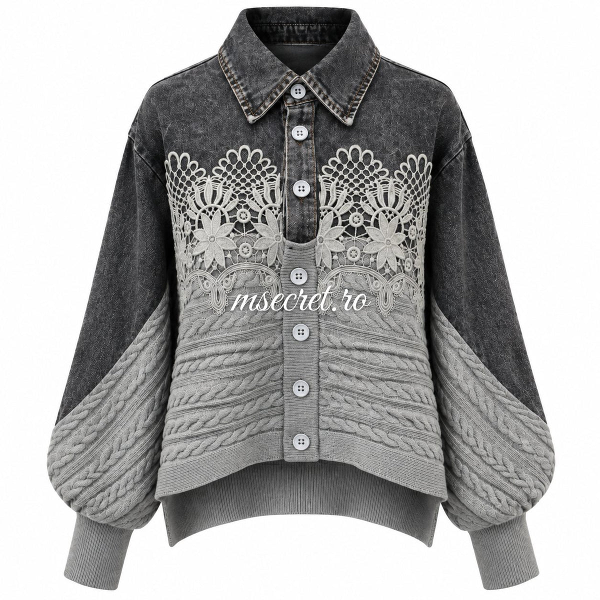 Pulover cu denim, broderie si lana