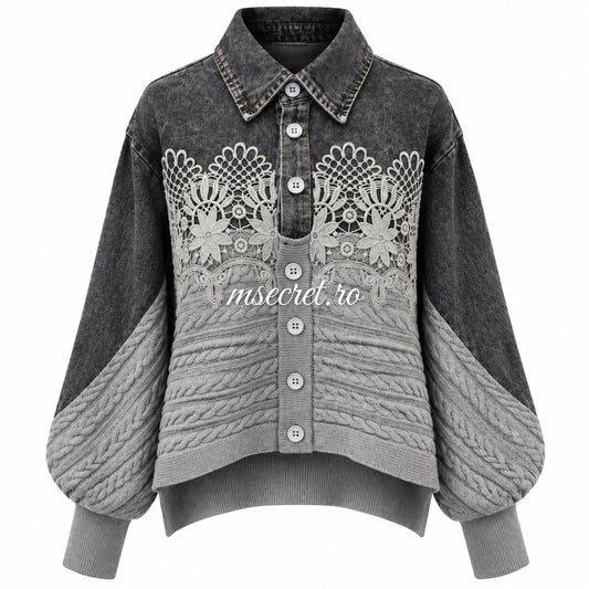 Pulover cu denim, broderie si lana