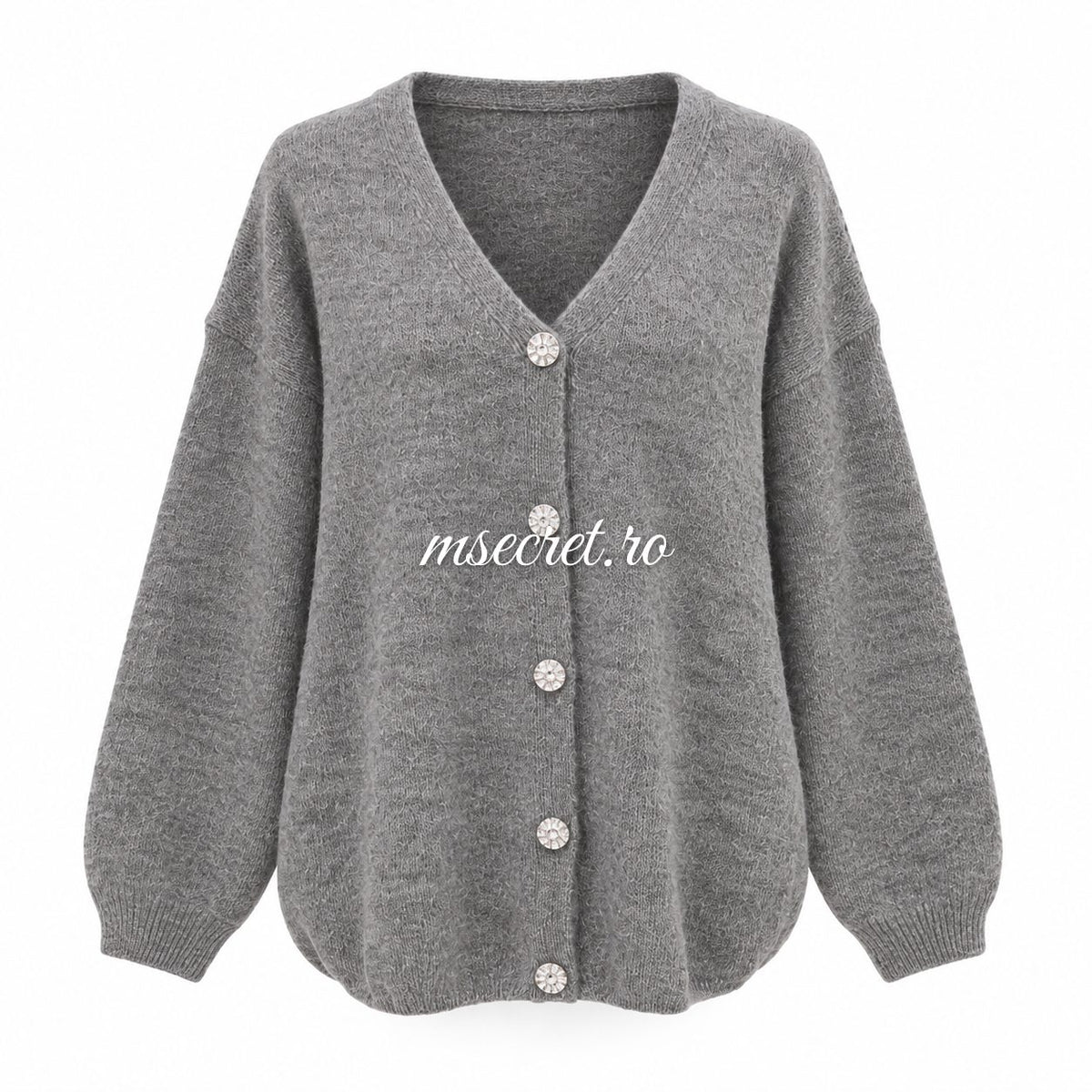 Pulover gri tip cardigan cu nasturi - vedere din fata