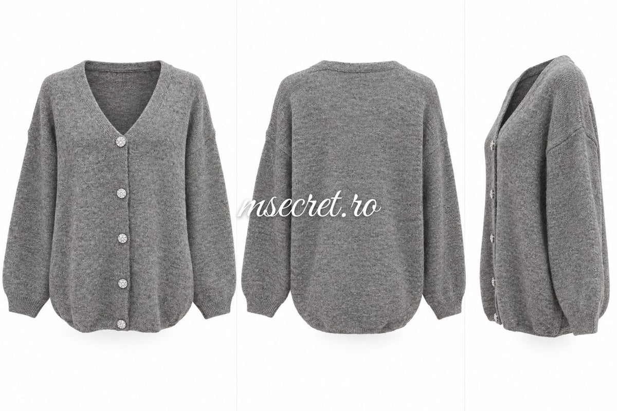 Pulover gri tip cardigan cu nasturi - colaj